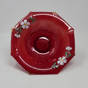 Reverse Painted Red Glass Pedestal Bowl VTG Art Deco Floral Design Octagon Shape